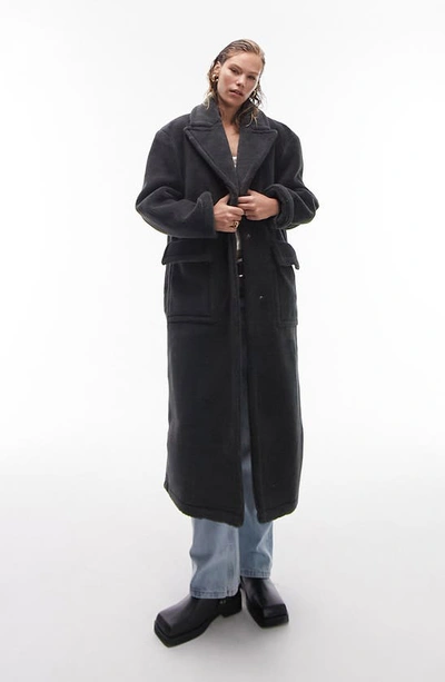 Shop Topshop High Pile Fleece Longline Coat In Charcoal