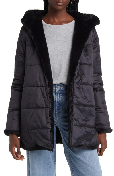 Shop Save The Duck Bridget Reversible Faux Fur Hooded Jacket In Black