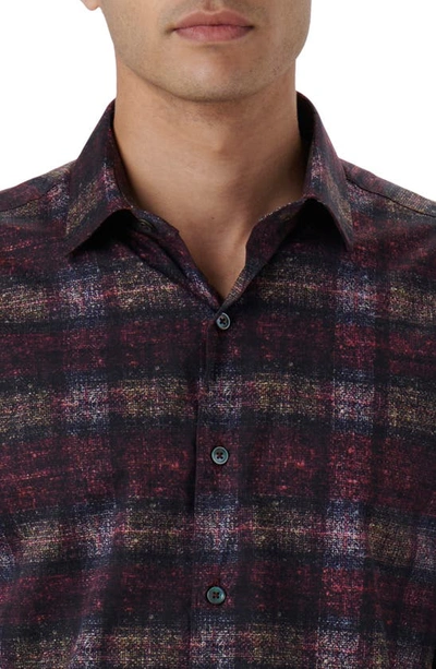 Shop Bugatchi Julian Shaped Fit Distressed Plaid Print Stretch Cotton Button-up Shirt In Burgundy