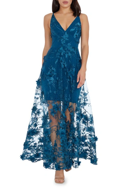 Shop Dress The Population Sidney Deep V-neck 3d Lace Gown In Peacock Blue