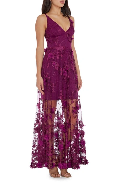 Shop Dress The Population Sidney Deep V-neck 3d Lace Gown In Dark Magenta