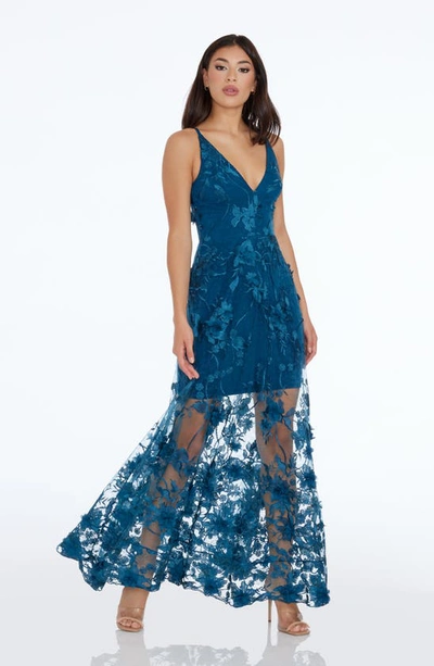 Shop Dress The Population Sidney Deep V-neck 3d Lace Gown In Peacock Blue