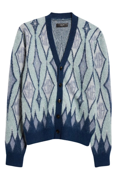Shop Amiri Logo Jacquard Argyle Kid Mohair & Baby Alpaca Blend V-neck Cardigan In Blue
