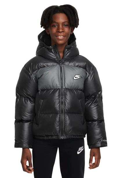 Shop Nike Kids' Sportswear Water Repellent Hooded Puffer Jacket In Black/ Smoke Grey/ White