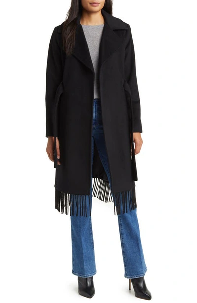 Sam Edelman Fringe Wool-blend Wrap Coat In Black