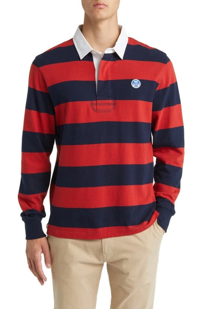 Shop North Sails Stripe Cotton Rugby Shirt In Red/navy