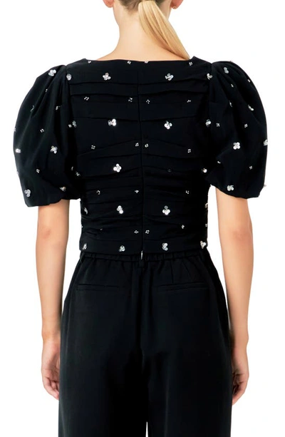 Endless Rose Sequin Floral Embellished Puff Sleeve Top In Black