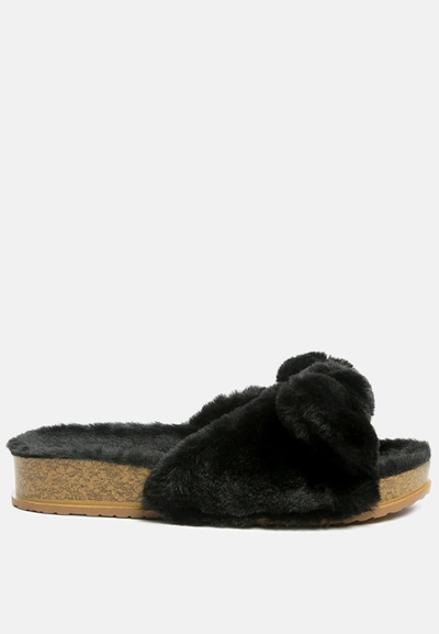 London Rag Fuzz Bow Fur Flats In Black
