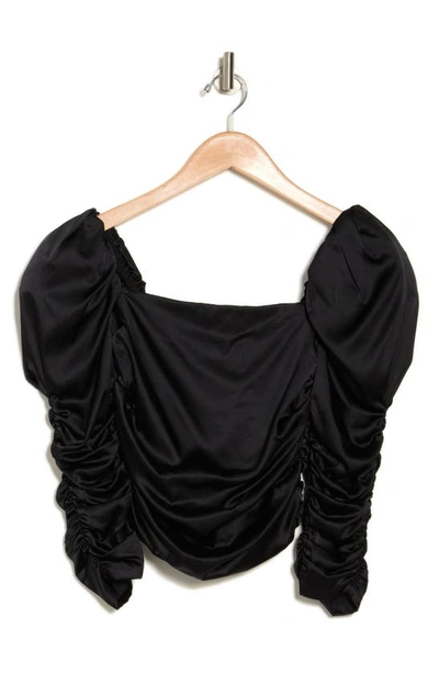 Shop Alice And Olivia Katrice Ruched Puff Sleeve Silk Blend Crop Top In Black