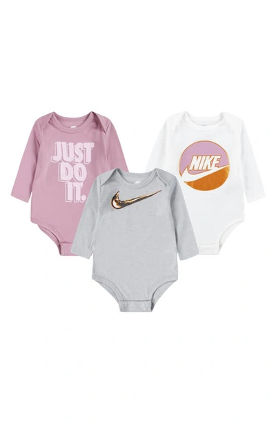Shop Nike Assorted 3-pack Logo Bodysuits In Light Smoke Grey