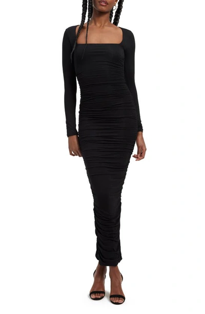 Shop Good American Ruched Square Neck Long Sleeve Body-con Dress In Black001
