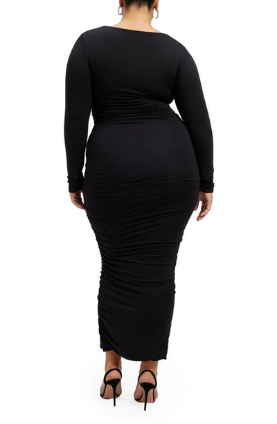 Shop Good American Ruched Square Neck Long Sleeve Body-con Dress In Black001