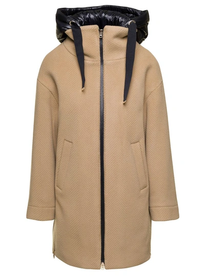Shop Herno Brown Coat With Padded Hood And Zip Fastening In Wool Woman In Beige