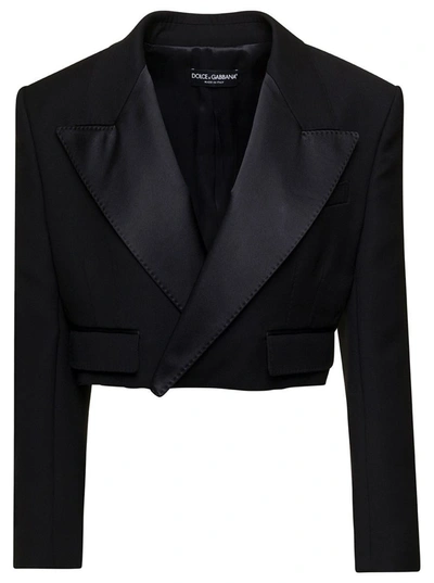 Shop Dolce & Gabbana Black Cropped Jacket With Satin Revers In Wool Woman
