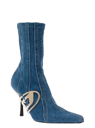 Shop Diesel 'd-eclipse' Light Blue Socks Boots With Macro Oval D Logo In Stretch Cotton Denim Woman