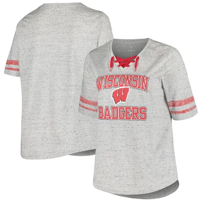Shop Profile Heather Gray Wisconsin Badgers Plus Size Striped Lace-up V-neck T-shirt