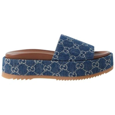 Shop Gucci Women Blue Angelina Logo-jacquard Organic Denim Platform Sandals