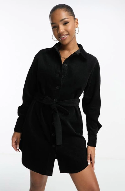 Shop Asos Design Long Sleeve Belted Corduroy Shirtdress In Black