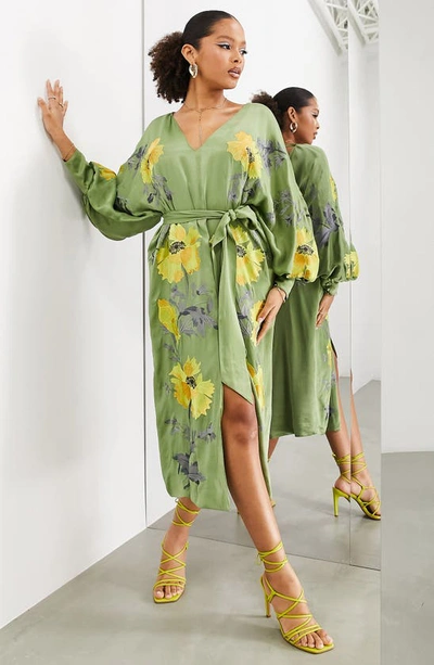 Shop Asos Design Edition Floral Embroidery Long Sleeve Midi Dress In Mid Green