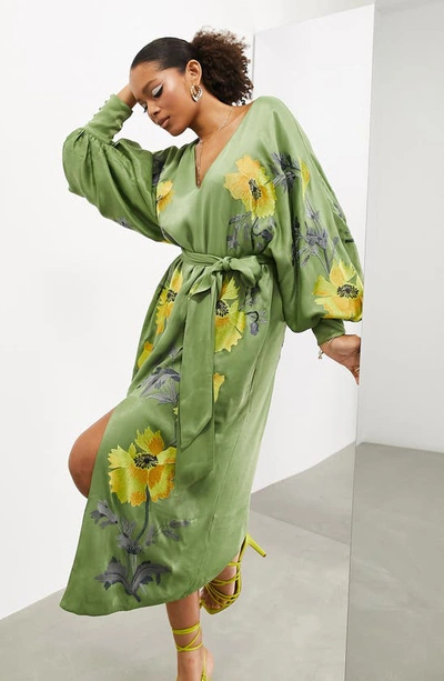 Shop Asos Design Edition Floral Embroidery Long Sleeve Midi Dress In Mid Green