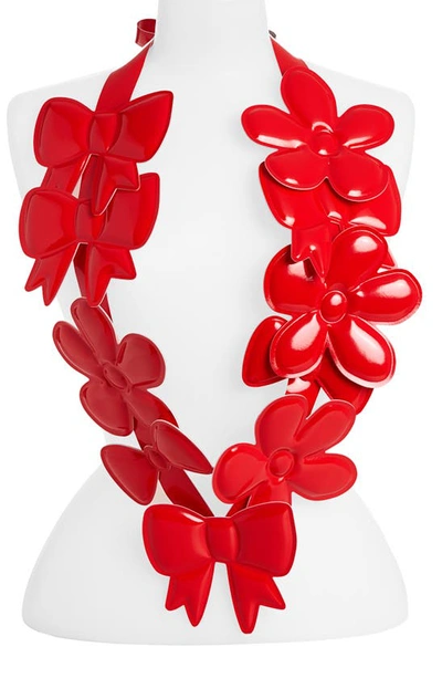 Shop Comme Des Garcons Girl Bow & Flower Appliqué Faux Leather Necklace In Red