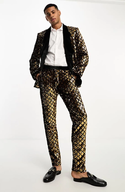Shop Asos Design Skinny Fit Sequin Suit Trousers In Gold