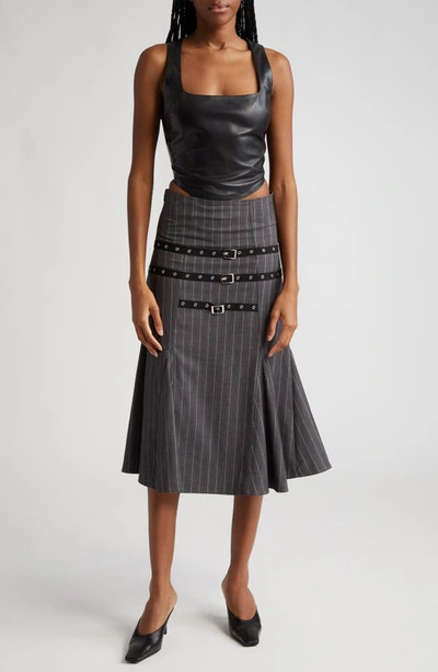 Shop Miaou Alma Pinstripe Buckle Strap Skirt In Dark Gray Stripe