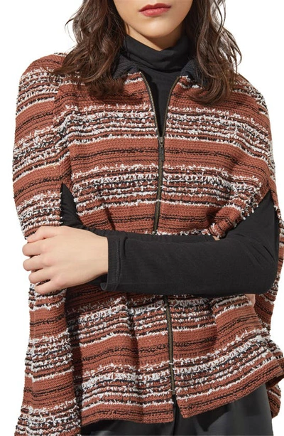 Shop Ming Wang Zip Front Knit Cape In Chestnut/ Black/ Ivory