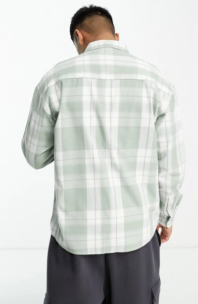 Shop Asos Design '90s Check Oversize Flannel Button-down Shirt In Mid Green