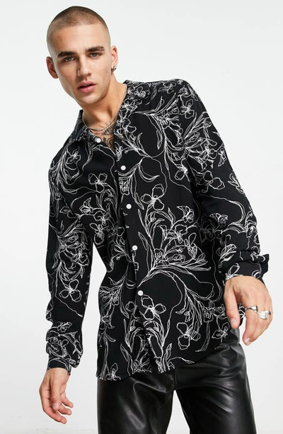 Shop Asos Design Scribble Floral Long Sleeve Camp Shirt In Black