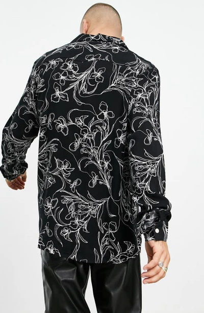 Shop Asos Design Scribble Floral Long Sleeve Camp Shirt In Black
