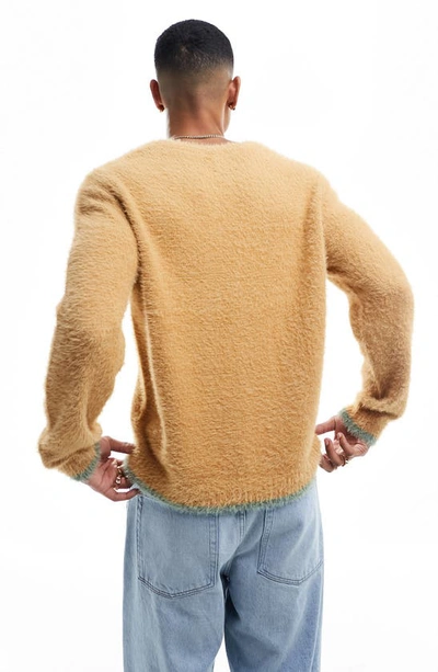 Shop Asos Design Fluffy V-neck Sweater In Tan