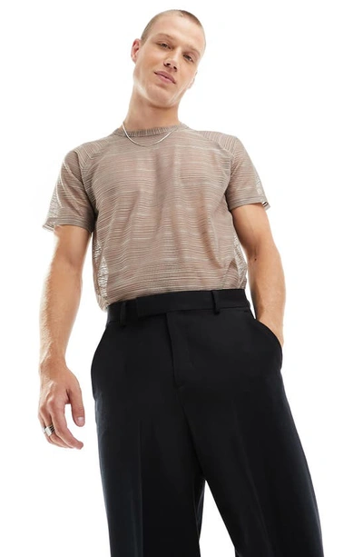 Shop Asos Design Stripe Raglan Sleeve Mesh T-shirt In Brown