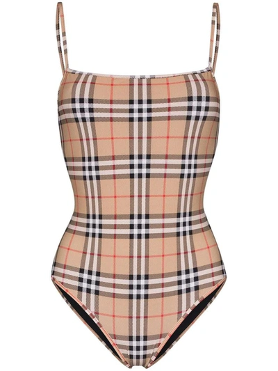 Shop Burberry Vintage Check Pattern Swimsuit In Archive Beige Ip Chk