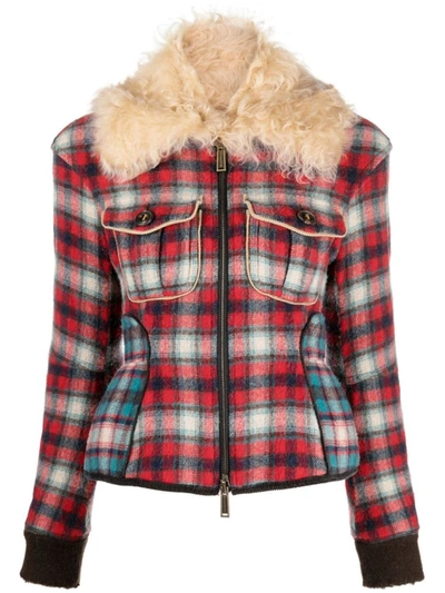 Shop Dsquared2 Fur-collared Flannel Jacket In Red/grey/off White