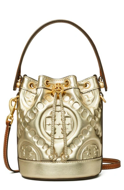 Tory Burch T-monogram Embossed Puffy Metallic Leather Bucket Bag In White Gold