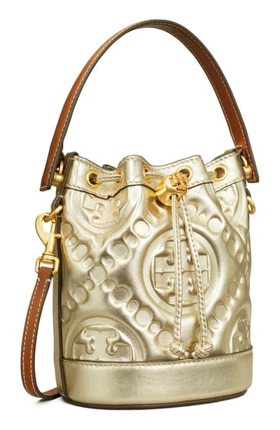 Tory Burch T-monogram Embossed Puffy Metallic Leather Bucket Bag In White Gold