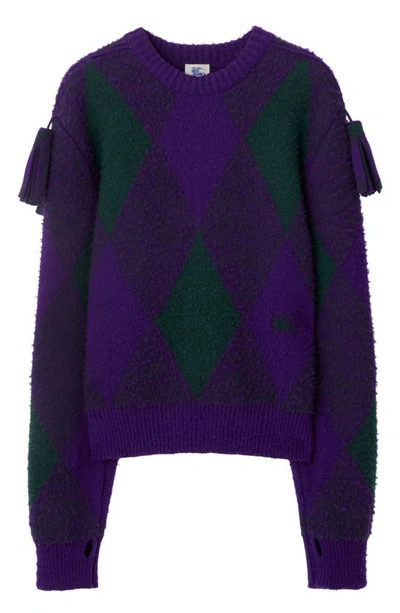 Shop Burberry Check Tassel Wool Crewneck Sweater In Royal Ip Pattern