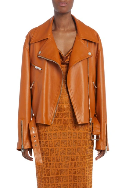 Shop Versace Leather Biker Jacket In Caramel