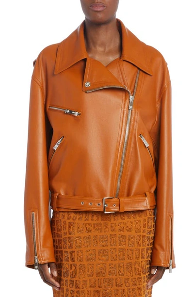 Shop Versace Leather Biker Jacket In Caramel