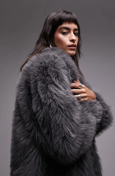 Shop Topshop Mid Length Faux Fur Coat In Charcoal