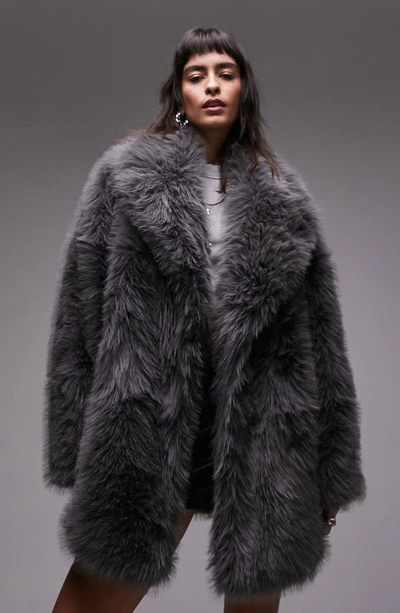 Shop Topshop Mid Length Faux Fur Coat In Charcoal