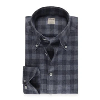 Shop Stenströms - Blue Slimline Checked Button Down Flannel Shirt 7122618649153