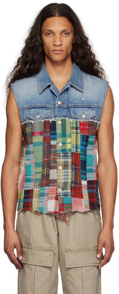 Acne Studios Denim Tartan Patchwork Vest In Mid Blue