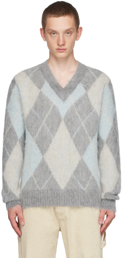 Shop Ami Alexandre Mattiussi Gray Argyle Sweater In Grey/aqua/ivory/093