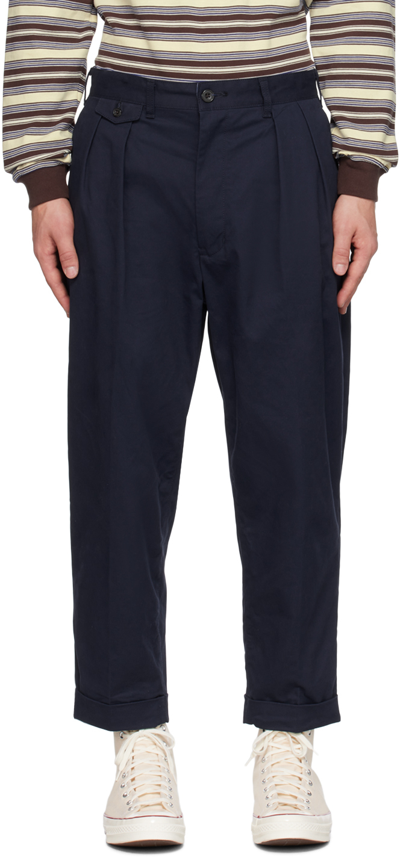 Shop Beams Navy Pleated Trousers In Navy79