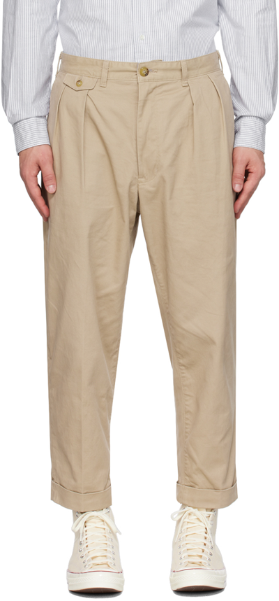 Shop Beams Beige Pleated Trousers In Khaki24