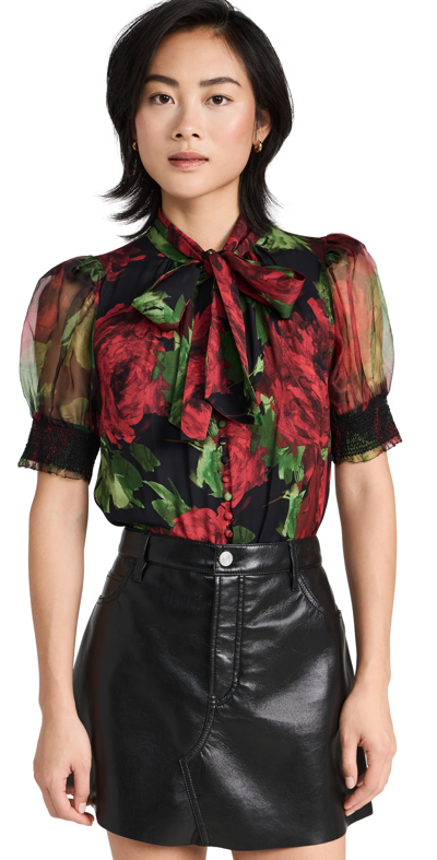 Shop Alice And Olivia Brentley Tie Neck Puff Sleeve Blouse Cloud Floral