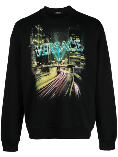 Shop Versace Logo Cotton Sweatshirt In Black