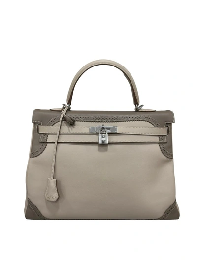 Shop Hermes Kelly 35 Ghillies Evercalf Craie/taupe In Grey
